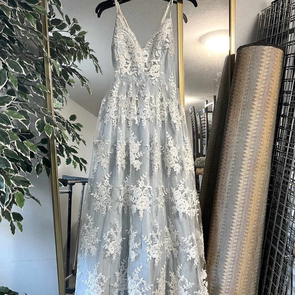 Blue and White lace strapped formal/ prom dress